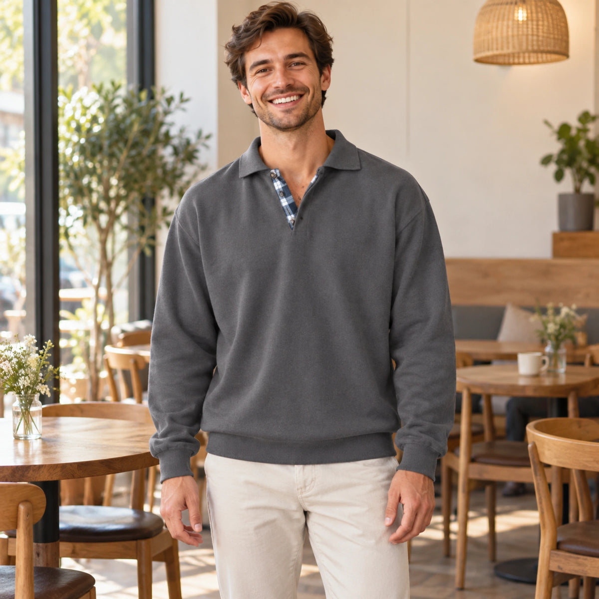 fall sweater — Ethan Relaxed Open Collar Knit Sweater Gray front worn by an adult model in a realistic setting — view 8