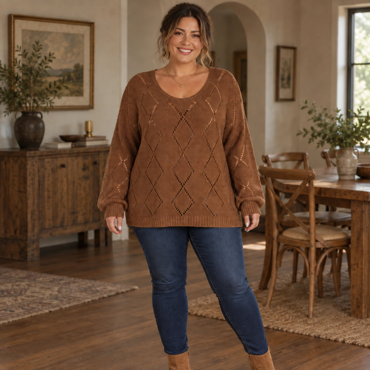 fall sweater — Evelyn Brown front worn by an adult model in a realistic setting, complete garment visible
