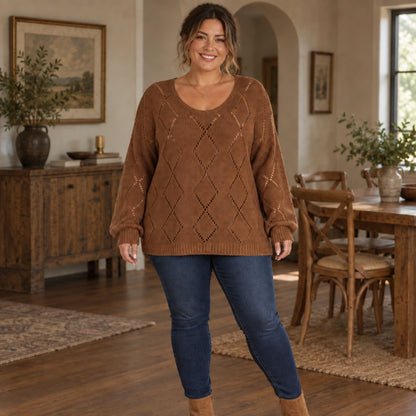 fall sweater — Evelyn Brown front worn by an adult model in a realistic setting, complete garment visible