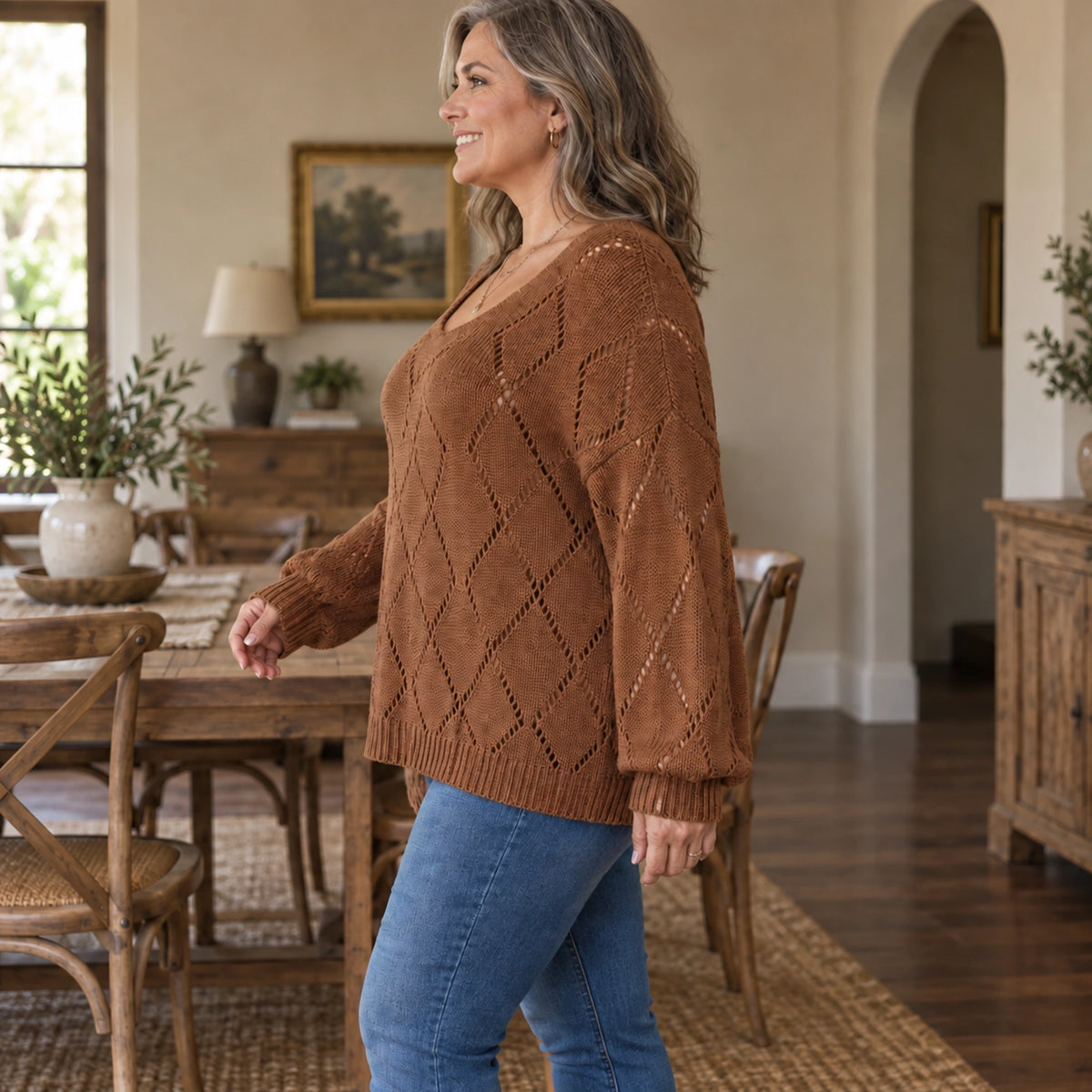 fall sweater — Evelyn Brown side worn by an adult model in a realistic setting, complete garment visible — view 2