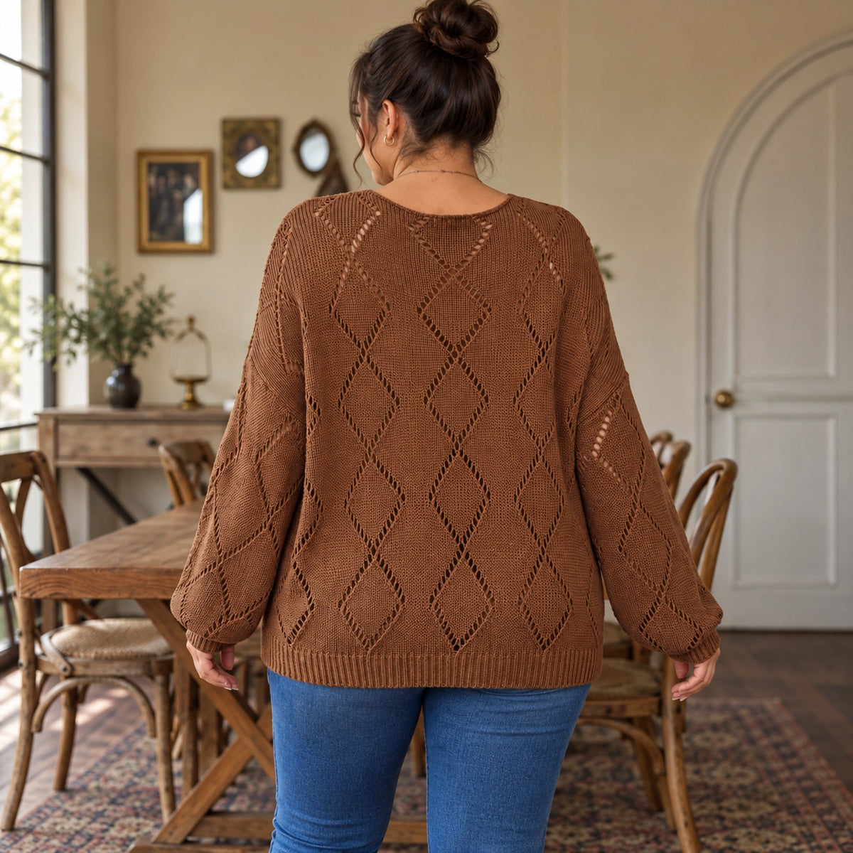 fall sweater — Evelyn brown diamond pointelle knit sweater — back view worn by an adult model — view 3