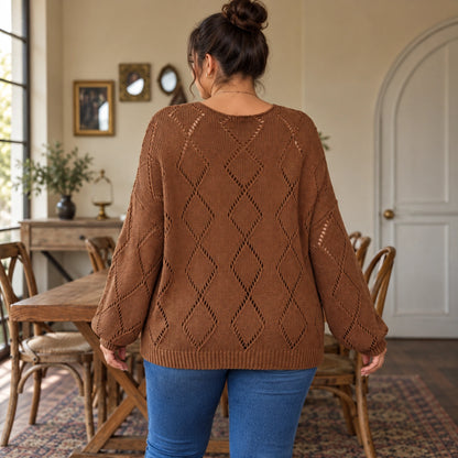 fall sweater — Evelyn brown diamond pointelle knit sweater — back view worn by an adult model — view 3