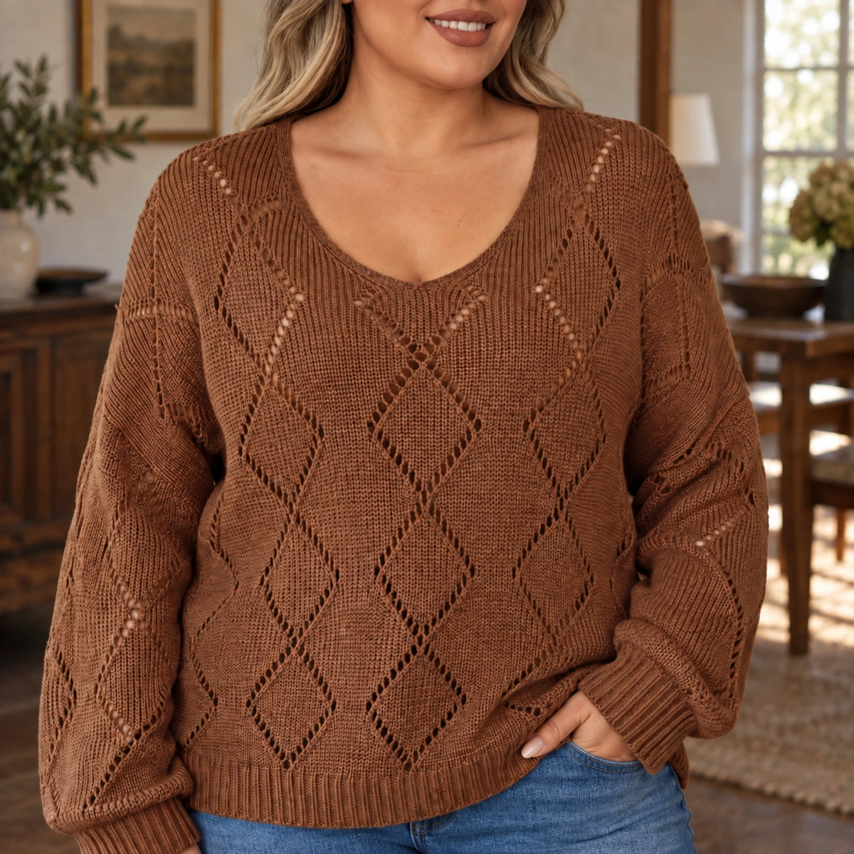 fall sweater — Evelyn Brown neckline detail worn by an adult model in a realistic setting — view 4