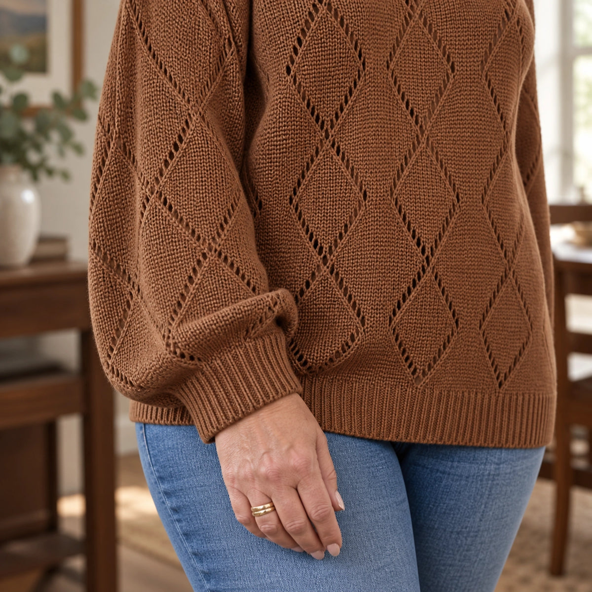 fall sweater — Evelyn brown diamond pointelle knit sweater — cuff detail view worn by an adult model — view 5
