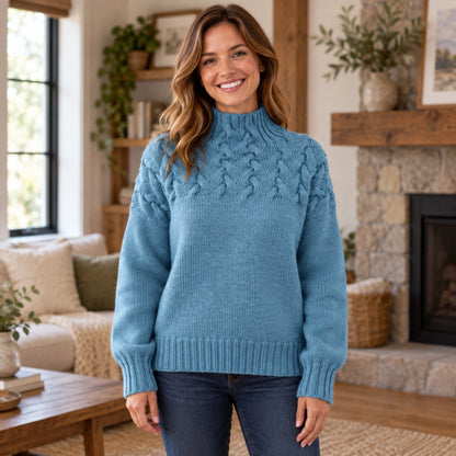 fall sweater — Hazel Cable Yoke Mock Neck Knit Sweater Light Blue front worn by an adult model in a realistic setting