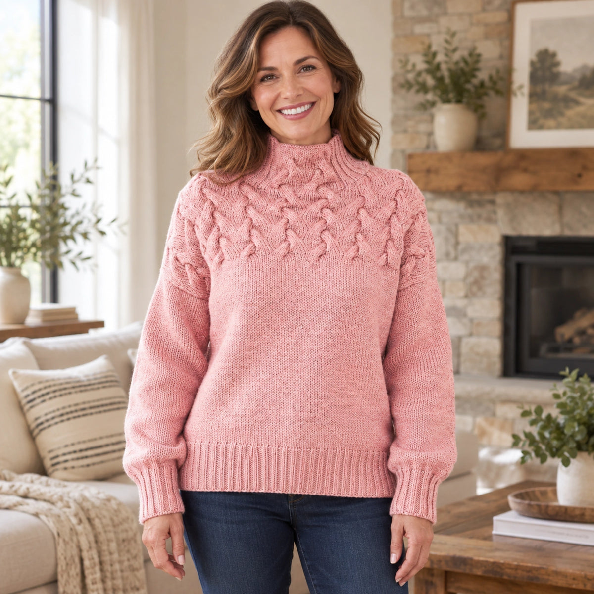 fall sweater — Hazel Cable Yoke Mock Neck Knit Sweater Pink front worn by an adult model in a realistic setting — view 2