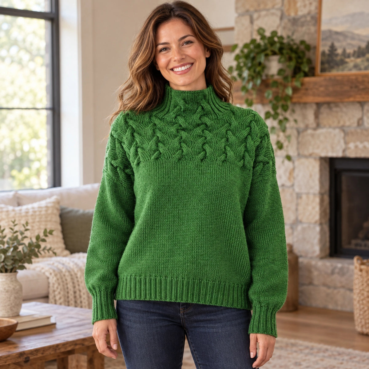 fall sweater — Hazel Cable Yoke Mock Neck Knit Sweater Green front worn by an adult model in a realistic setting — view 3