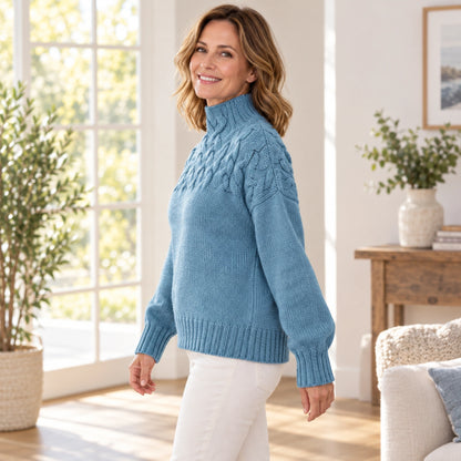 fall sweater — Hazel Cable Yoke Mock Neck Knit Sweater Light Blue side worn by an adult model in a realistic — view 7