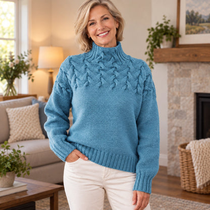 fall sweater — Hazel Cable Yoke Mock Neck Knit Sweater Light Blue neckline support worn by an adult model in a — view 8