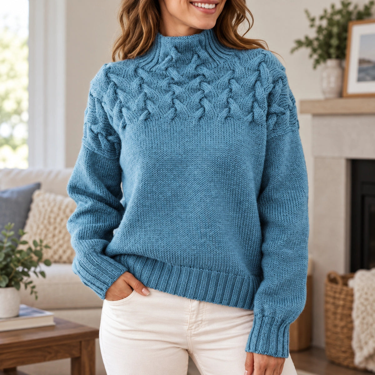fall sweater — Hazel Cable Yoke Mock Neck Knit Sweater Light Blue construction detail worn by an adult model in a — view 9