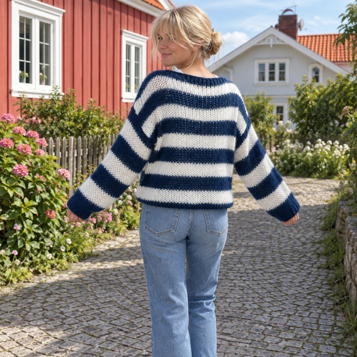 fall sweater — Blue And White striped knit sweater, complete back view showing broad stripes dropped shoulders — view 3