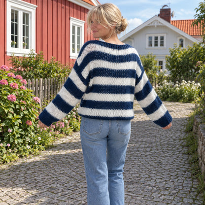 fall sweater — Blue And White striped knit sweater, complete back view showing broad stripes dropped shoulders — view 3
