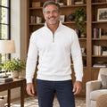 fall sweater — Jude Classic Half Zip Knit Sweater White front worn by a smiling adult model in realistic setting, complete