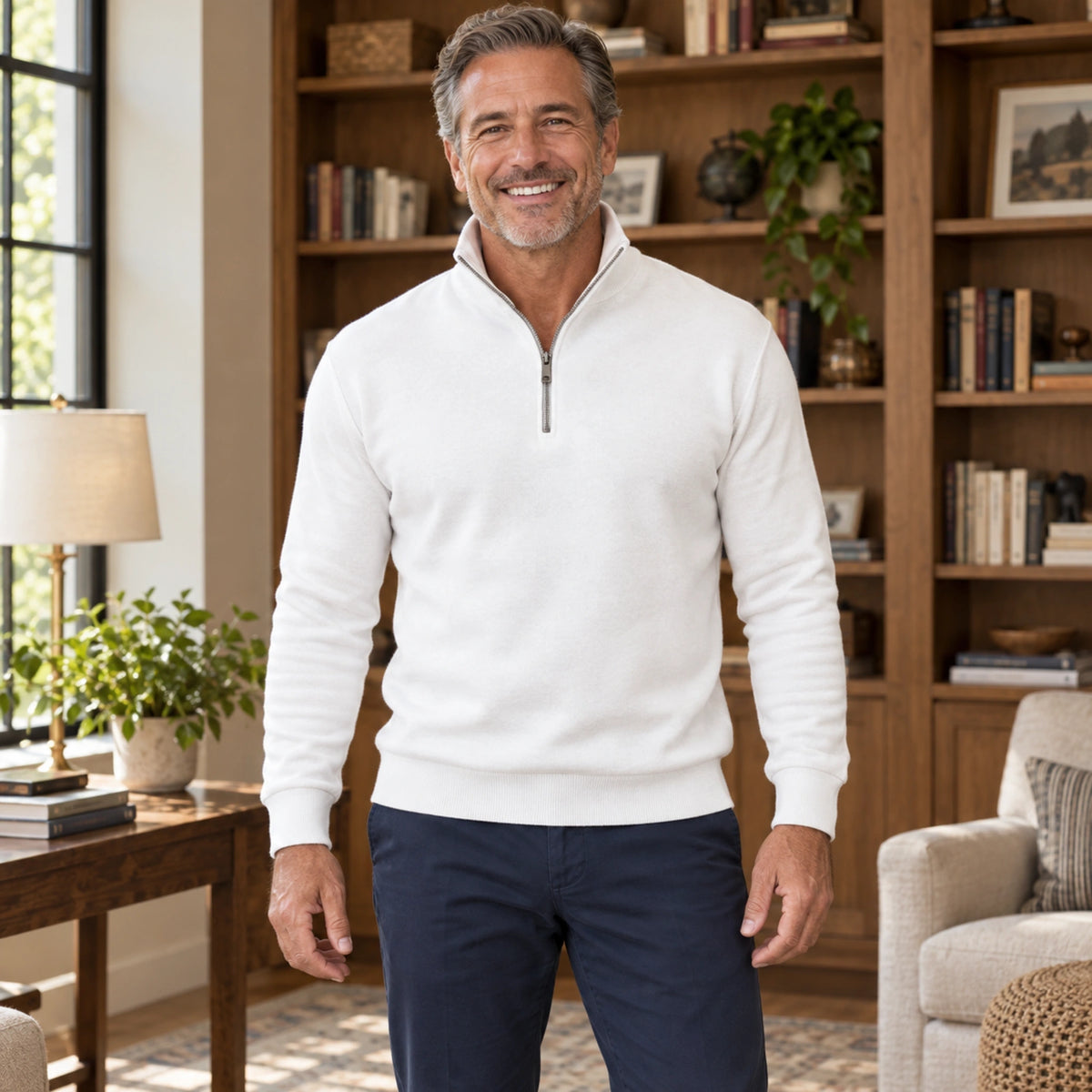 fall sweater — Jude Classic Half Zip Knit Sweater White front worn by a smiling adult model in realistic setting, complete