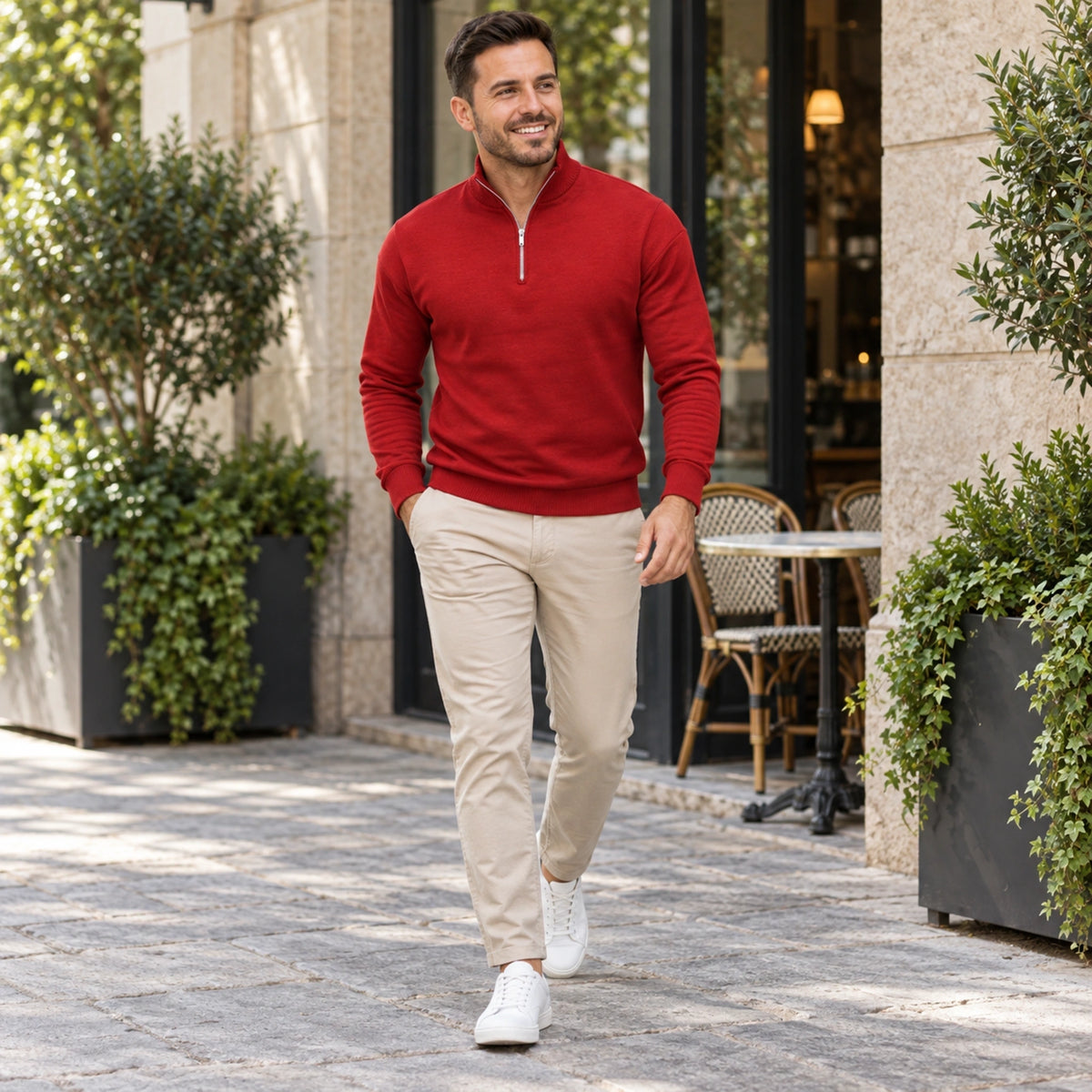 fall sweater — Jude Classic Half Zip Knit Sweater Red worn by an adult model in a realistic setting, complete — view 10