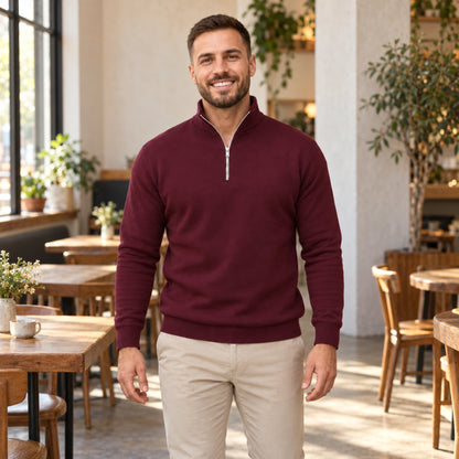 fall sweater — Jude Classic Half Zip Knit Sweater Burgundy front worn by an adult model in a realistic setting — view 4