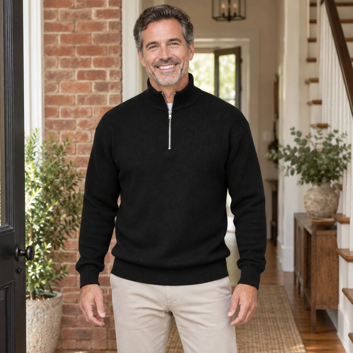 fall sweater — Jude Classic Half Zip Knit Sweater Black front worn by an adult model in a realistic setting — view 5