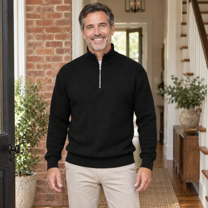 fall sweater — Jude Classic Half Zip Knit Sweater Black front worn by an adult model in a realistic setting — view 5