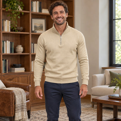 fall sweater — Jude Classic Half Zip Knit Sweater Beige front worn by an adult model in a realistic setting — view 6