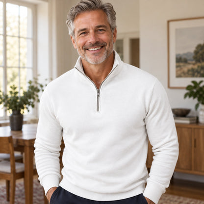 fall sweater — Jude Classic Half Zip Knit Sweater White neckline support worn by an adult model in a realistic — view 8