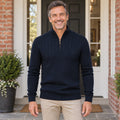 fall sweater — Mason Ribbed Zip Collar Knit Sweater Dark Blue front worn by a smiling adult model in realistic setting