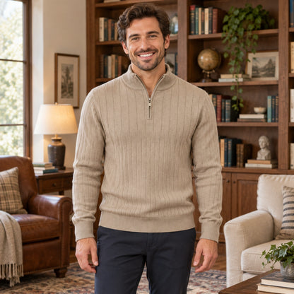 fall sweater — Mason Ribbed Zip Collar Knit Sweater Beige front worn by a smiling adult model in realistic setting — view 2