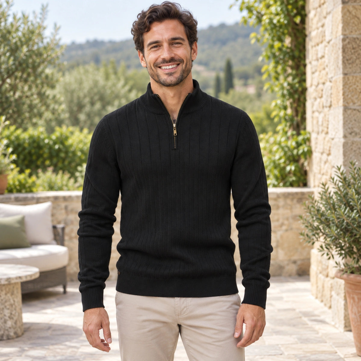 fall sweater — Mason Ribbed Zip Collar Knit Sweater Black front worn by an adult model in a realistic setting — view 4