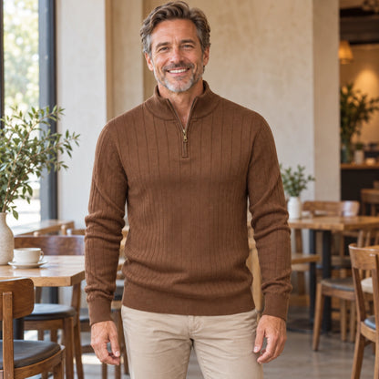 fall sweater — Mason Ribbed Zip Collar Knit Sweater Brown front worn by an adult model in a realistic setting — view 5