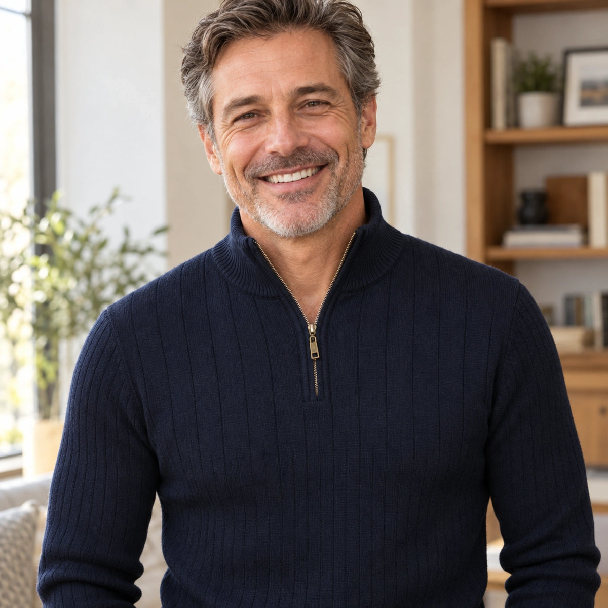 fall sweater — Mason Ribbed Zip Collar Knit Sweater Dark Blue neckline support worn by an adult model in a realistic — view 7