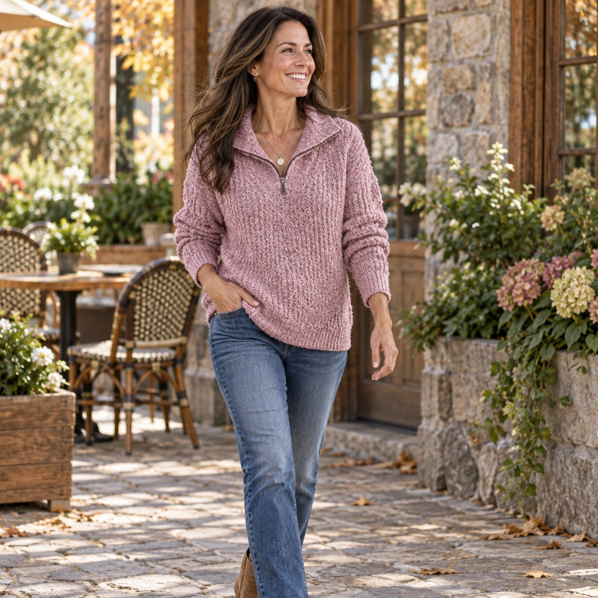 fall sweater — Nora Textured Half Zip Knit Sweater Pink worn by an adult model in a realistic setting, complete — view 10