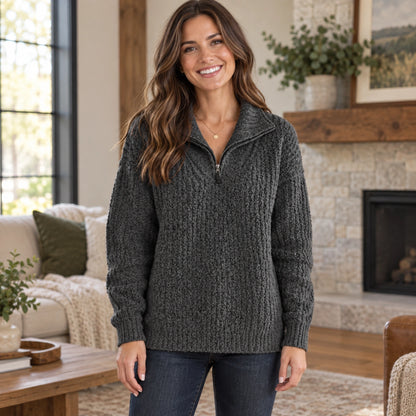 fall sweater — Nora Textured Half Zip Knit Sweater Dark Gray front worn by an adult model in a realistic setting — view 5