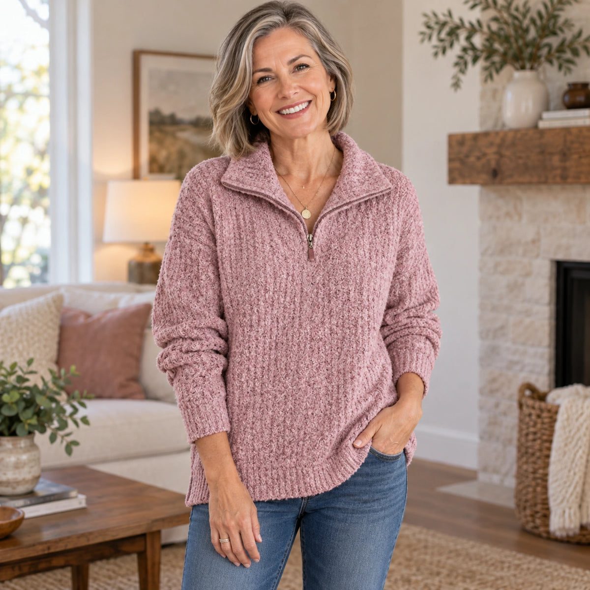 fall sweater — Nora Textured Half Zip Knit Sweater Pink neckline support worn by an adult model in a realistic — view 8
