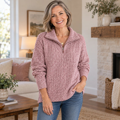 fall sweater — Nora Textured Half Zip Knit Sweater Pink neckline support worn by an adult model in a realistic — view 8