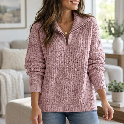 fall sweater — Nora Textured Half Zip Knit Sweater Pink construction detail worn by an adult model in a realistic — view 9