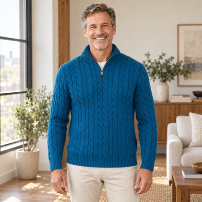 fall sweater — Ryan Cable Knit Quarter Zip Sweater Teal front worn by an adult model in a realistic setting — view 5