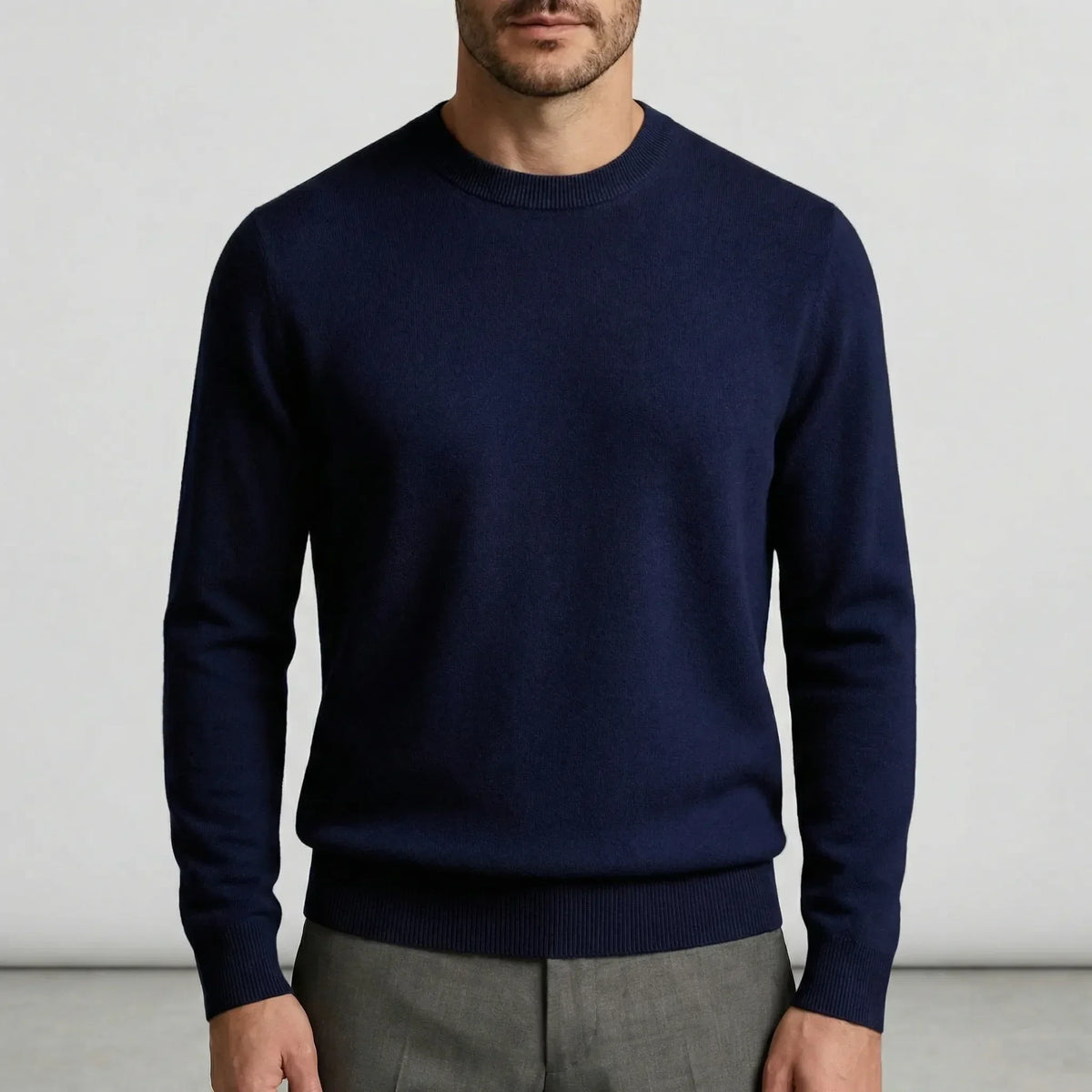 Fall sweater — Navy blue lightweight cashmere crewneck long sleeves, front view — 13 — view 13