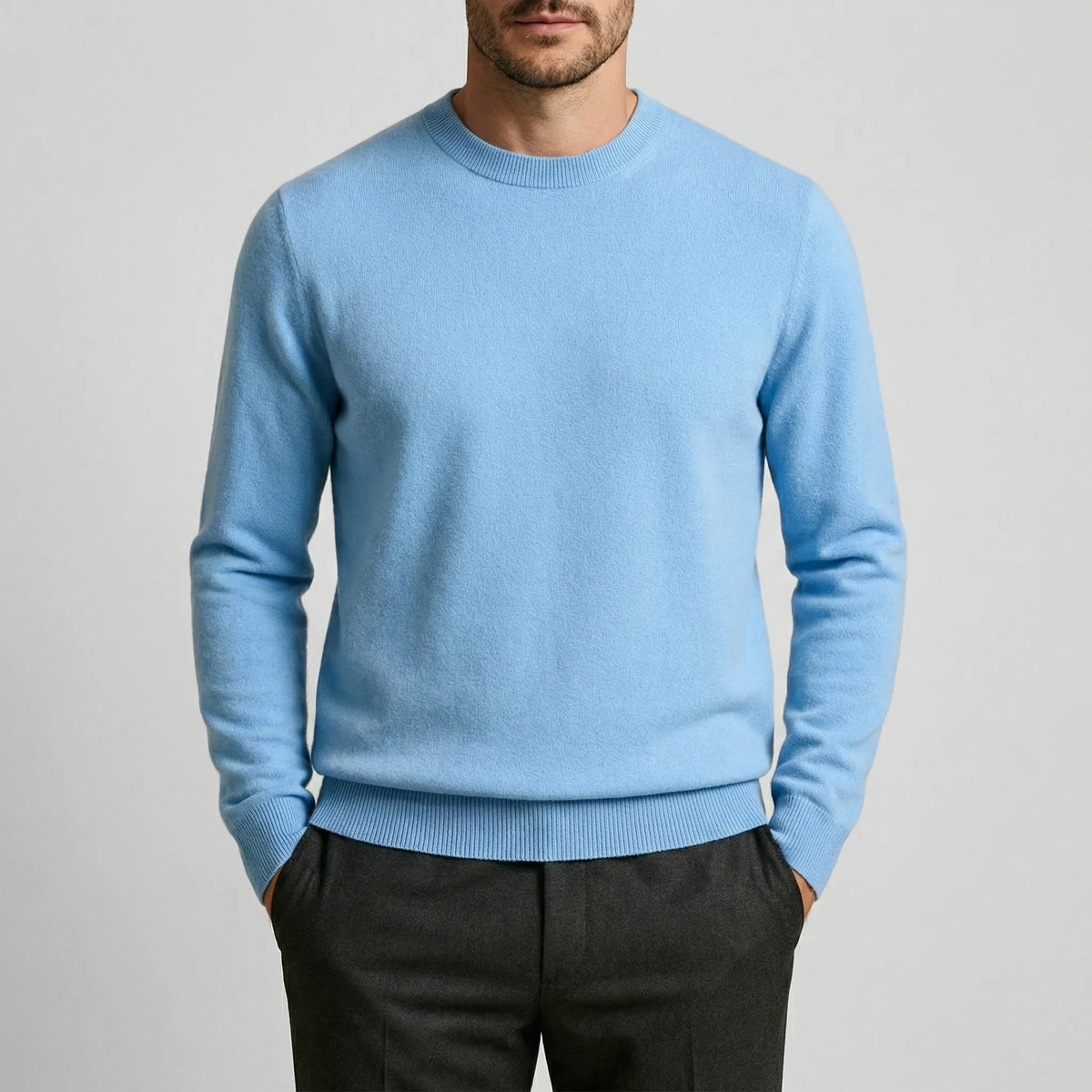 Fall sweater — Light blue cashmere crewneck long sleeves, front view. Perfect — 2 — view 2