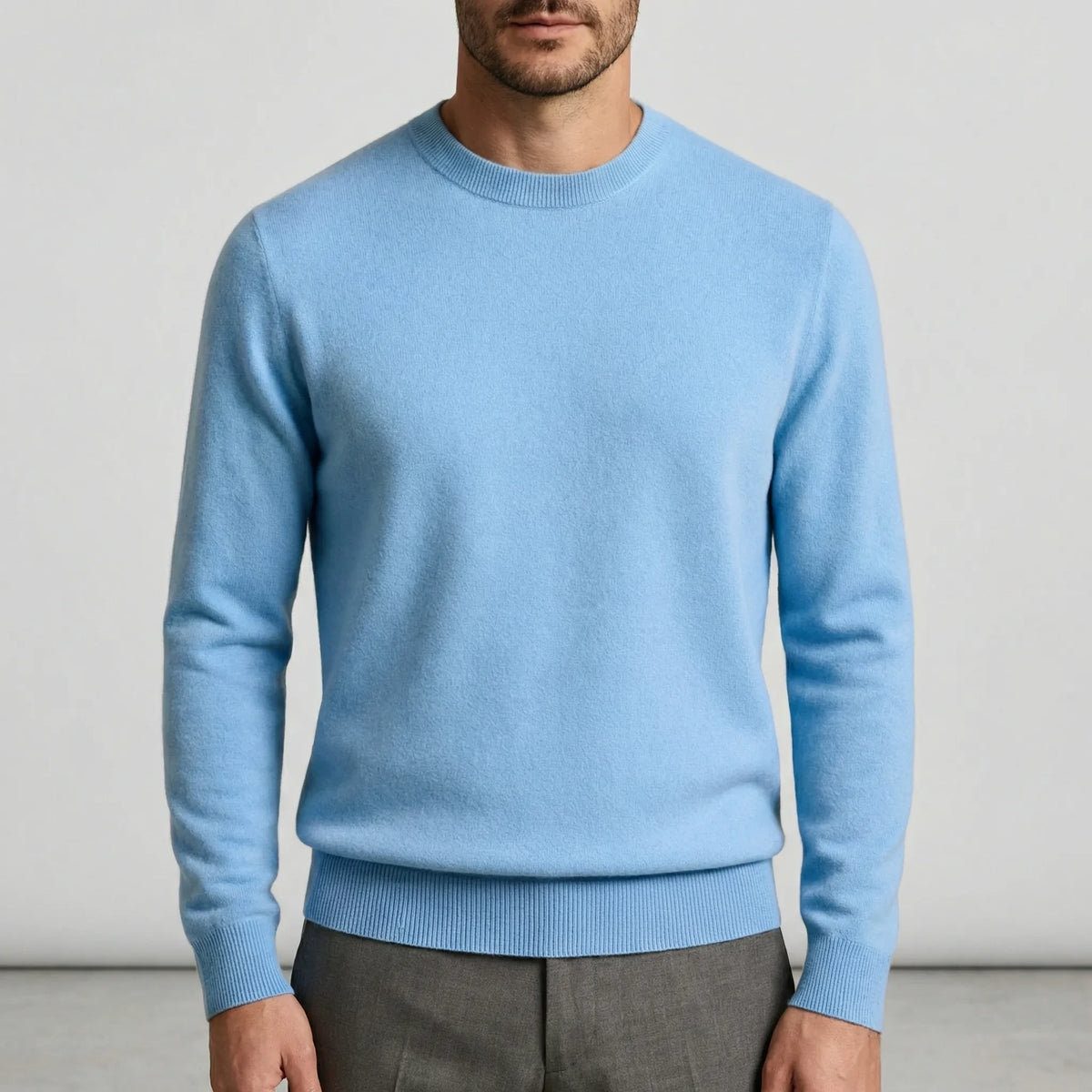Fall sweater — Light blue cashmere crewneck long sleeves, front view. Ideal — 4 — view 4