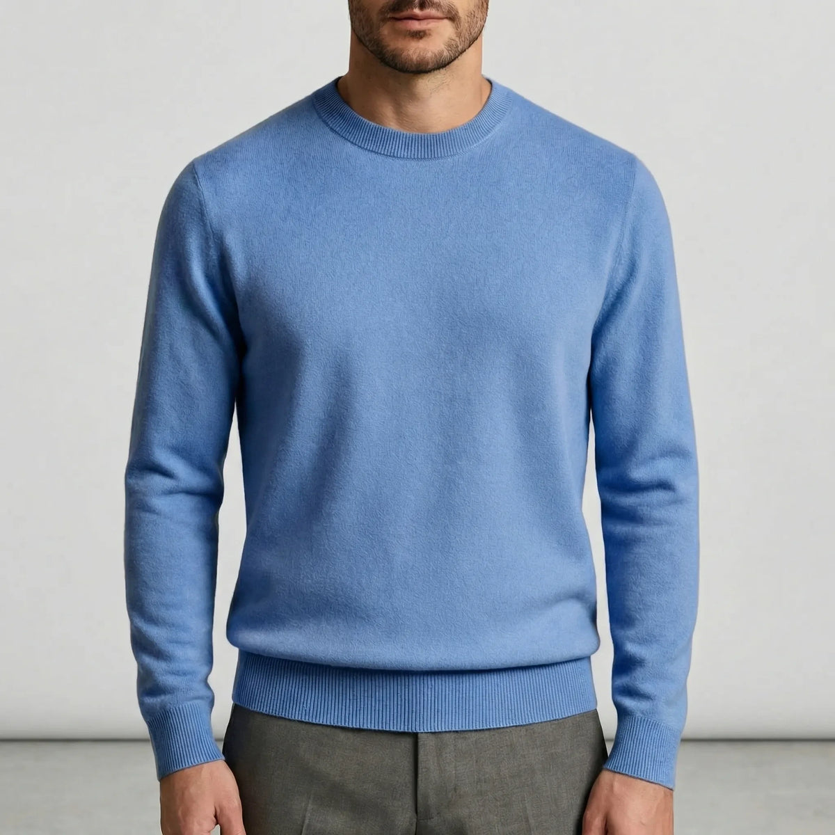 Fall sweater — Light blue cashmere crewneck long sleeves, front view — 5 — view 5