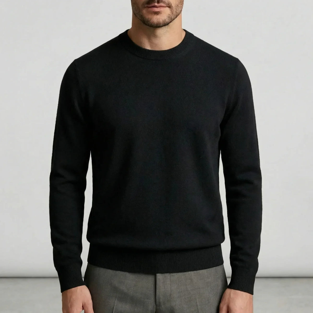 Fall sweater — Black lightweight cashmere crewneck long sleeves, shown on a person — view 7 — view 7