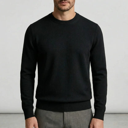 Fall sweater — Black lightweight cashmere crewneck long sleeves, shown on a person — view 7 — view 7