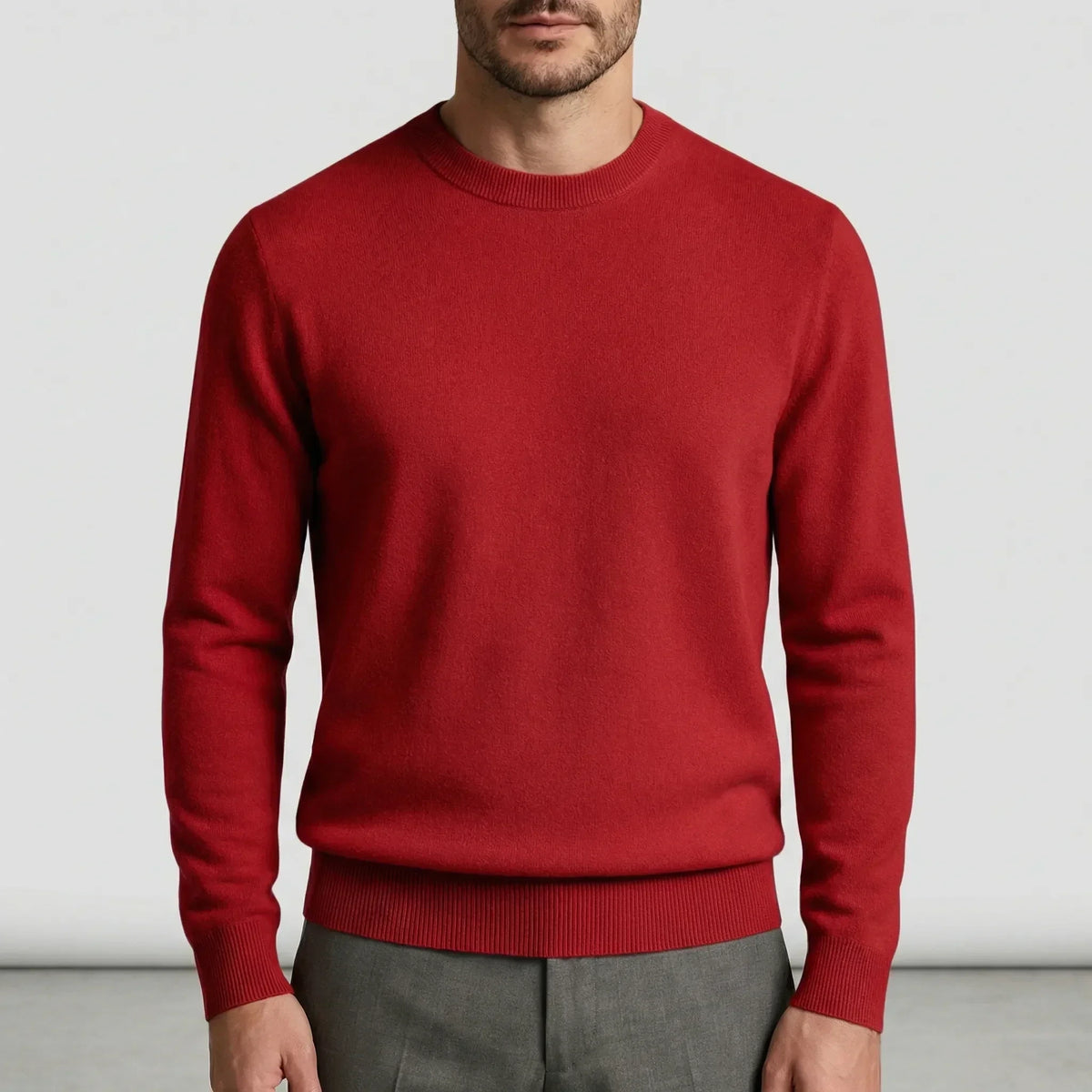Fall sweater — Red cashmere crewneck front view, showcasing a classic design — 8 — view 8