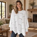 fall sweater — Violet Scalloped Pointelle Oversized Sweater White front worn by an adult model in a realistic setting