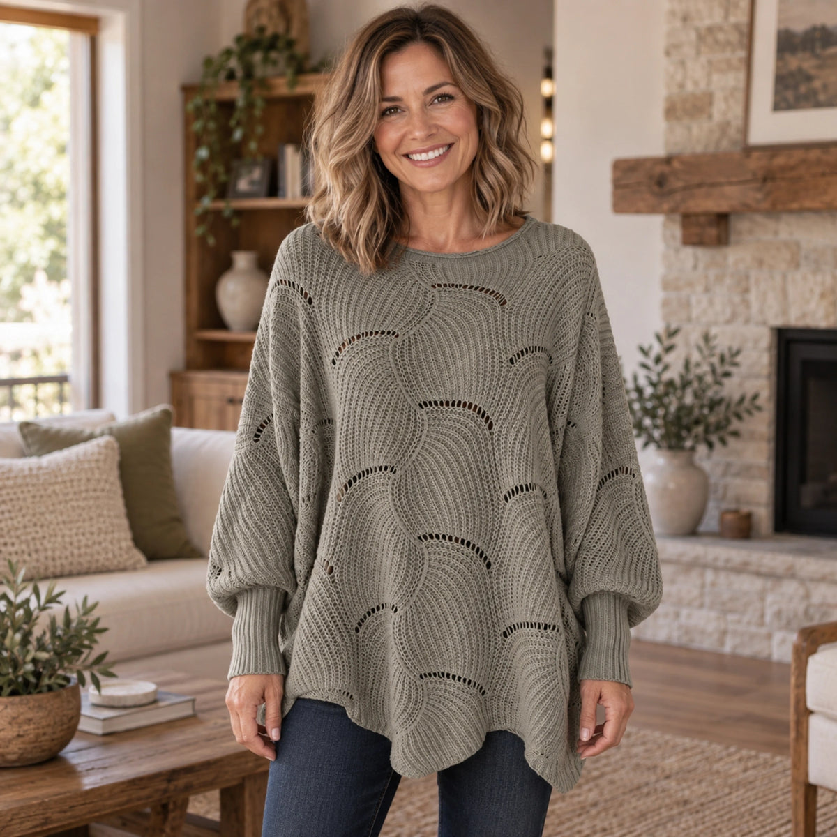 fall sweater — Violet Scalloped Pointelle Oversized Sweater Gray front worn by an adult model in a realistic — view 2