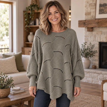 fall sweater — Violet Scalloped Pointelle Oversized Sweater Gray front worn by an adult model in a realistic — view 2