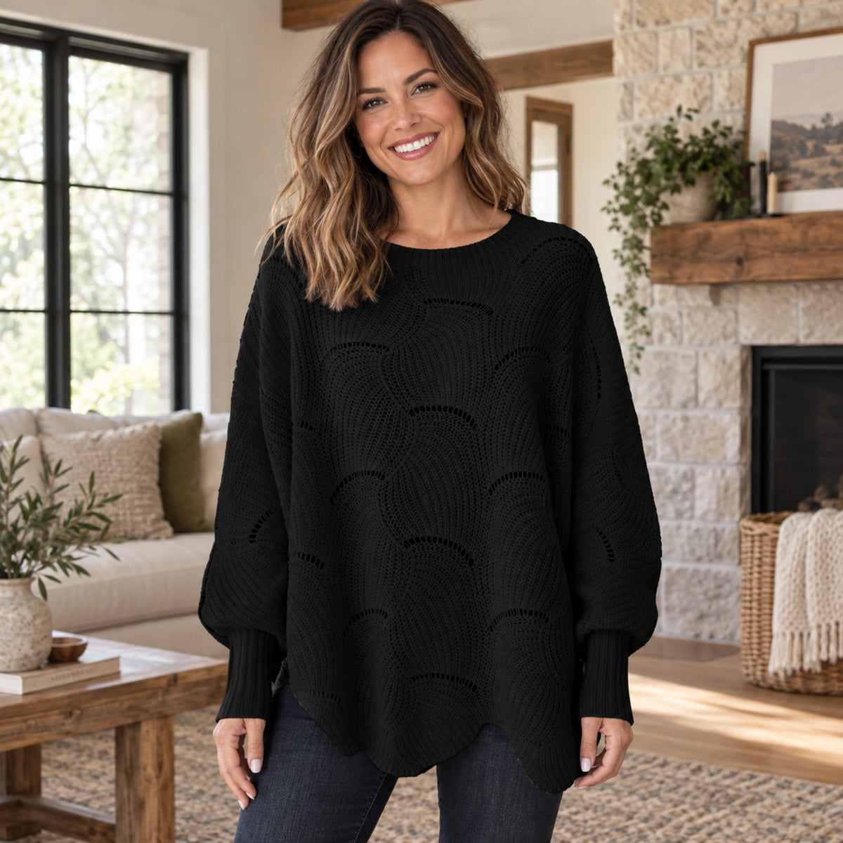 fall sweater — Violet Scalloped Pointelle Oversized Sweater Black front worn by an adult model in a realistic — view 3