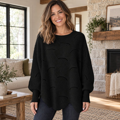 fall sweater — Violet Scalloped Pointelle Oversized Sweater Black front worn by an adult model in a realistic — view 3