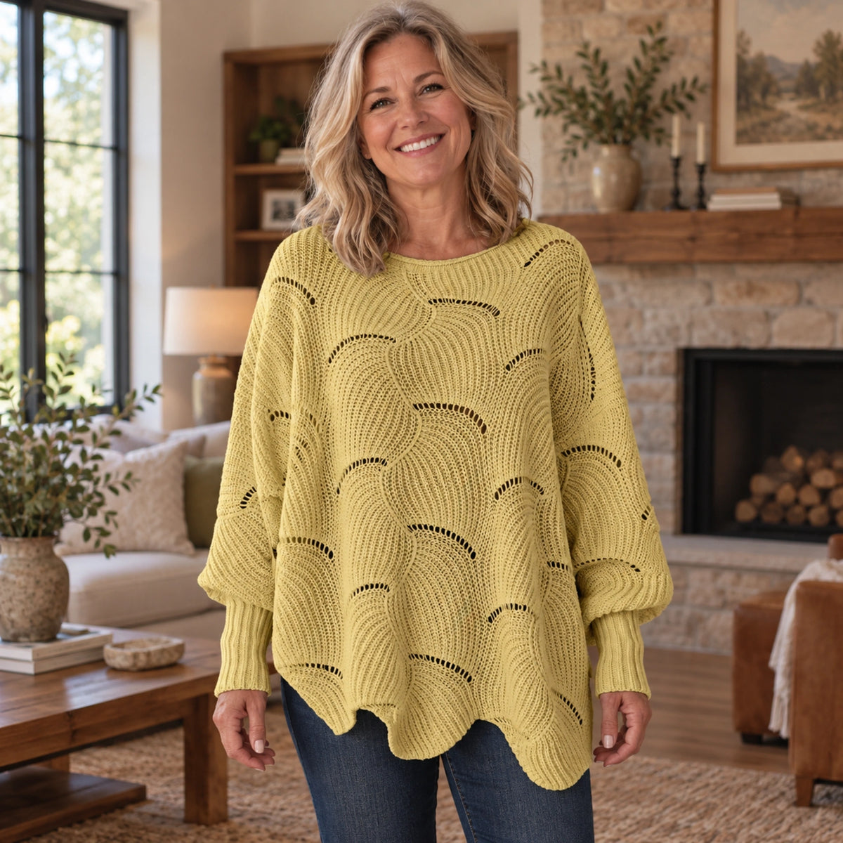fall sweater — Violet Scalloped Pointelle Oversized Sweater Yellow front worn by an adult model in a realistic — view 4