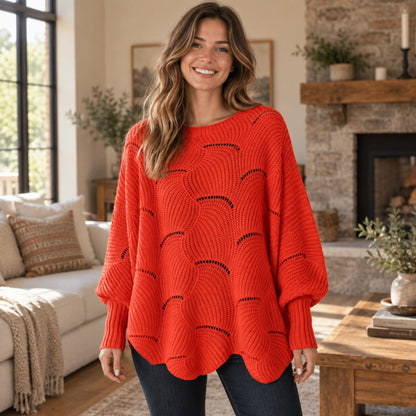 fall sweater — Violet Scalloped Pointelle Oversized Sweater Red front worn by an adult model in a realistic setting — view 5
