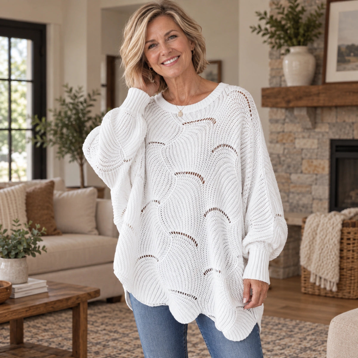fall sweater — Violet Scalloped Pointelle Oversized Sweater White neckline support worn by an adult model in a — view 7